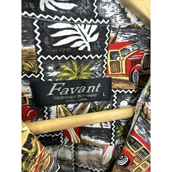 Favant Men's Hawaiian Shirt Large Front Pocket Palm Trees Birding Cars Retro - Picture 2 of 5